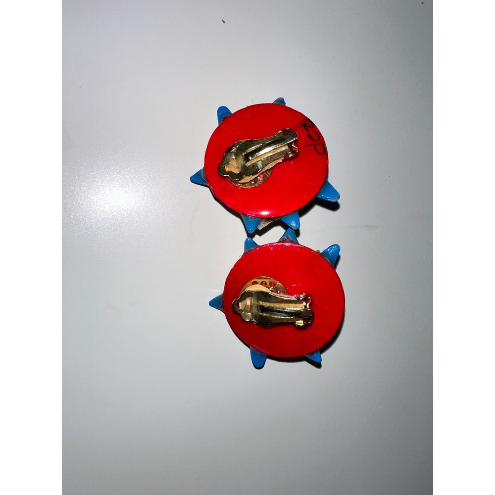 Vintage 80s Memphis Design Geometric Checkerboard Clip‎ On Earrings Multicolor - Picture 3 of 5
